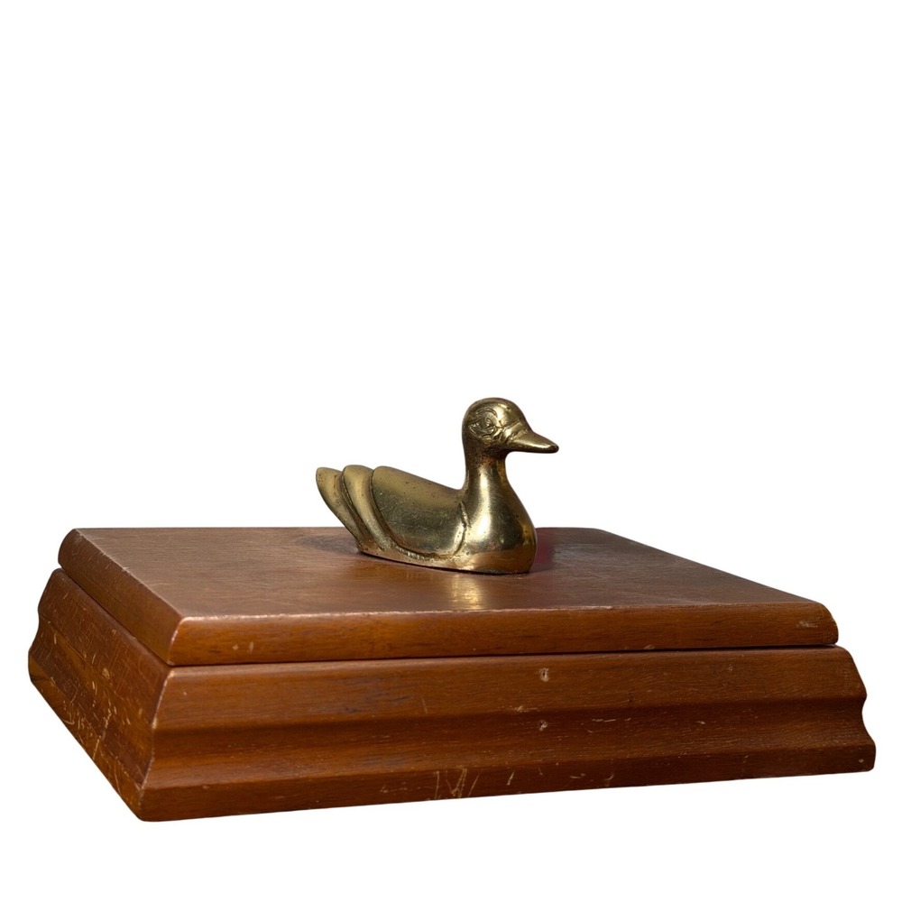 Vintage Wood Playing Card Box with Brass‎ Duck Handle and Two Decks of Canasta